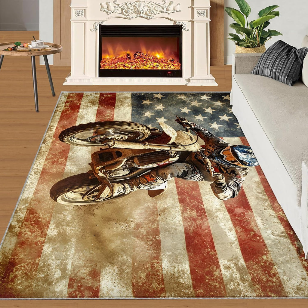 Extreme Sports Rugs for Bedroom, American Flag Rug 6x8, Retro American Dining Room Rugs Washable & Non Slip Large Carpet for Home Decor
