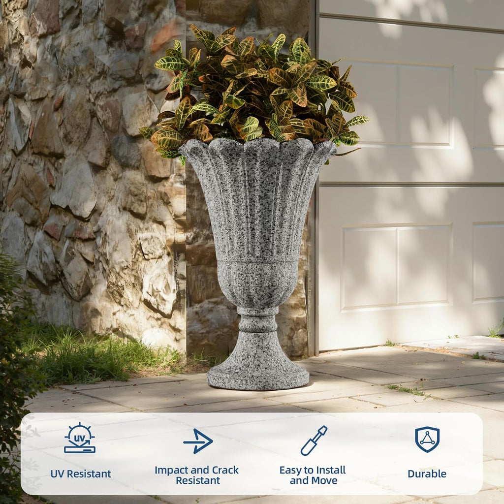 Plastic Urn Planters Set of 2, 23.6' Tall Pedestal Planter with Drainage Holes, Vintage Petal Garden Planter Urns for Front Porch, Large Plant Urns Outdoor & Indoor Flower Pots, Heather Gray