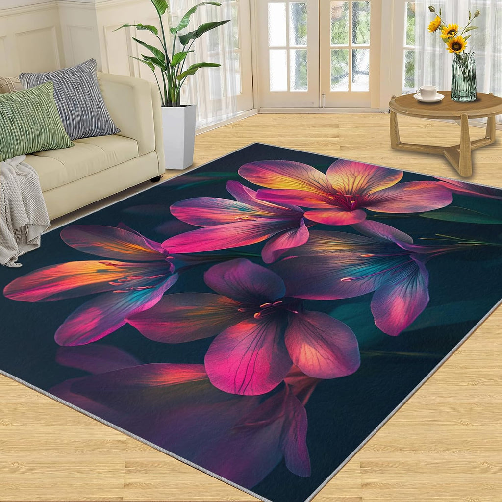 Colorful Flowers Rug - Large Rug 6x8 - Pink and Purple Rugs for Living Room - Soft & Non Slip & Washable Rugs for Bedroom, 3D Petals Carpets for Dining Room Lounge Girls Room