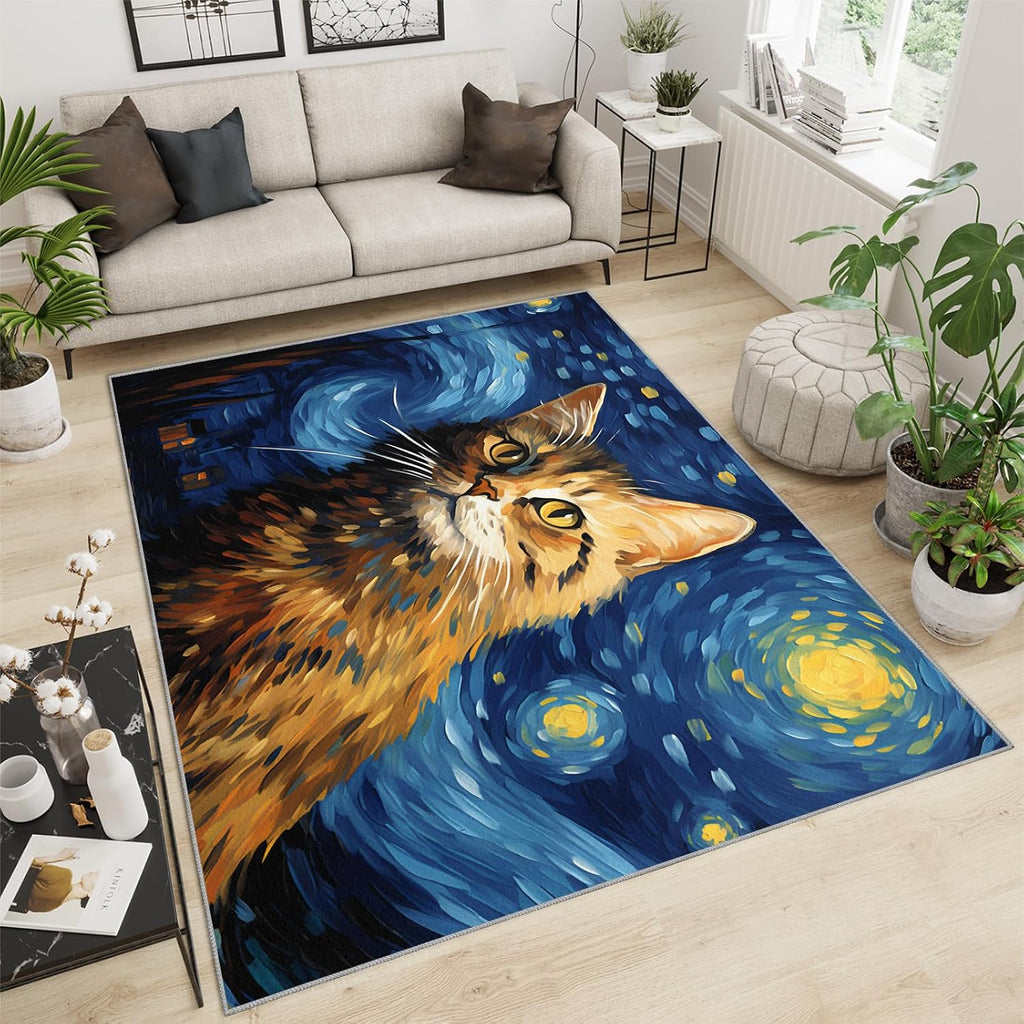 6x8 Area Rug - Starry Sky Norwegian Forest Cat Large Rugs for Living Room, Post-Impressionist Art Painting Carpet Area Rug for Girls Bedroom Kids Room Basement Office Classroom