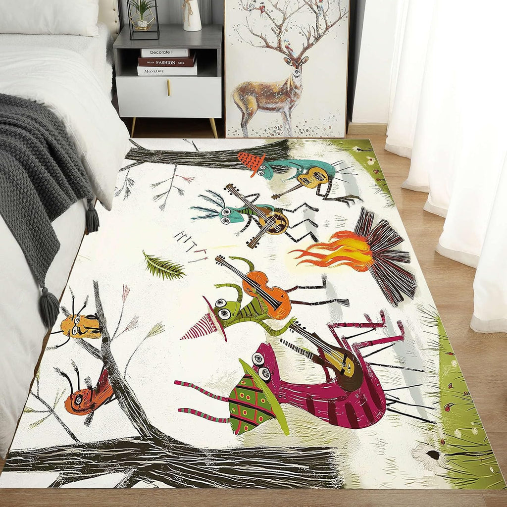 Anime Ants 8x10 Washable Large Area Rug Musical Instrument Guitar Carpet for Study Bedroom Nursery, Washable Rugs Non Slip Soft CarpetWhite Living Room Rugs Non-Slip