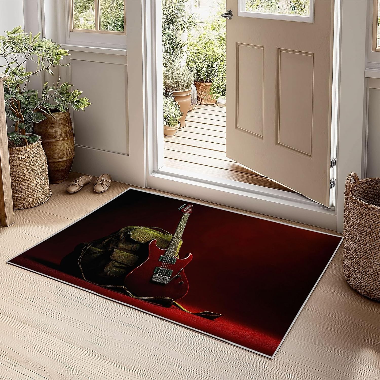 Hyperrealistic 7 x 8 ft Area Rug Low Pile, Bass Guitar Bag Living Room Rug Red Washable Carpet for Nursey Entryway Bedroom Dining Room Dorm Office Floormat