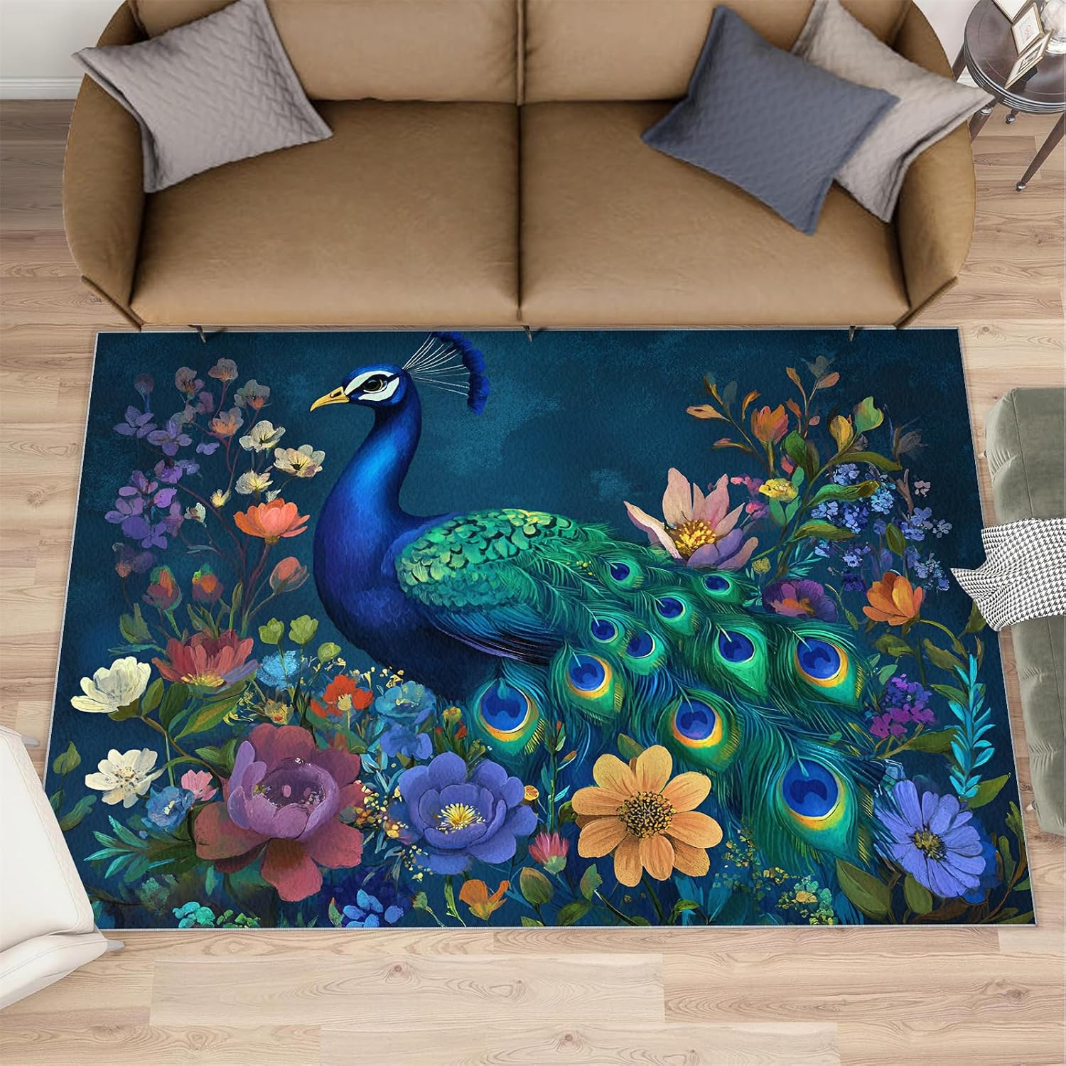 Peacock Rug 6x9 Area Rug Blue Bird Washable Rugs Dark Floral Rugs for Living Room Bedroom Decor Low Pile & Non Slip Indoor Carpet