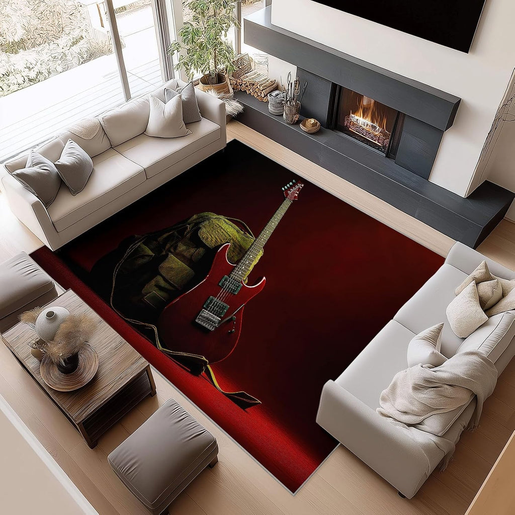 Bass Guitar Bag Rug Living Room 6 x 9 ft Machine Washable Area Rug, Hyperrealistic Low Pile Carpet for Dining Room Bedroom Indoor Red Non-Slip Design Home Decor Carpet
