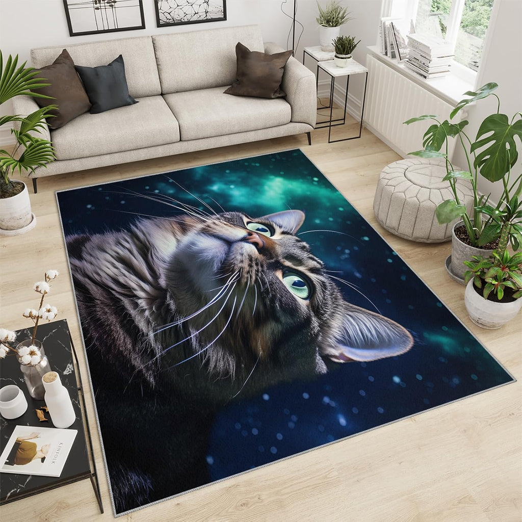 6x8 Rug Starry Sky Cat Area Rugs, Space Cat Soft Washable Carpet, Upholstery Rug with Non-Slip Backing for Kids Boys Girls Bedroom Living Room Dining Room Study