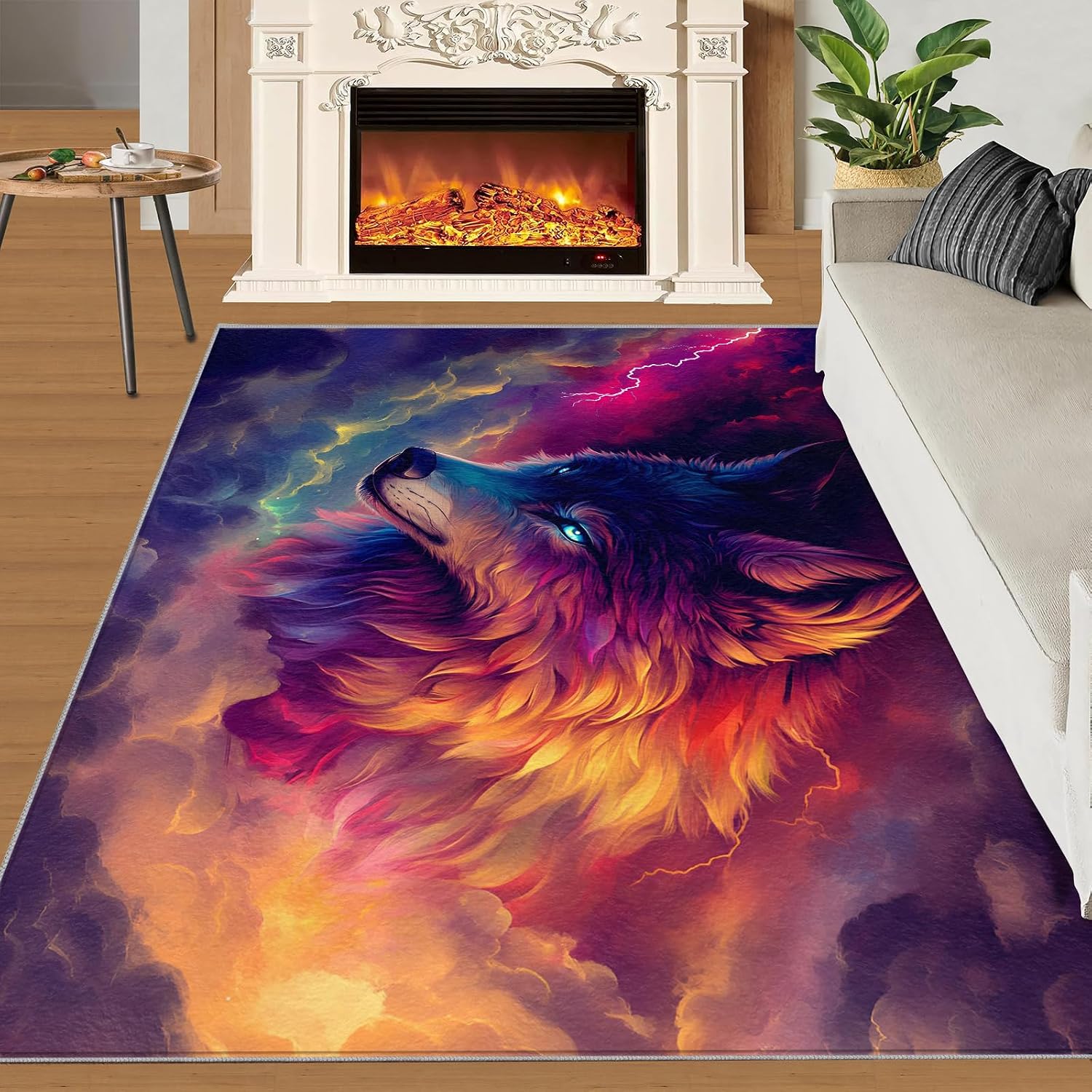 Colorful Wolf Area Rug - Large Rug 6x8 - Lightning Cloud Rugs for Living Room - Soft & Non Slip & Washable Rugs for Bedroom, Fantasy Animal Carpets for Dining Room Lounge Girls Room