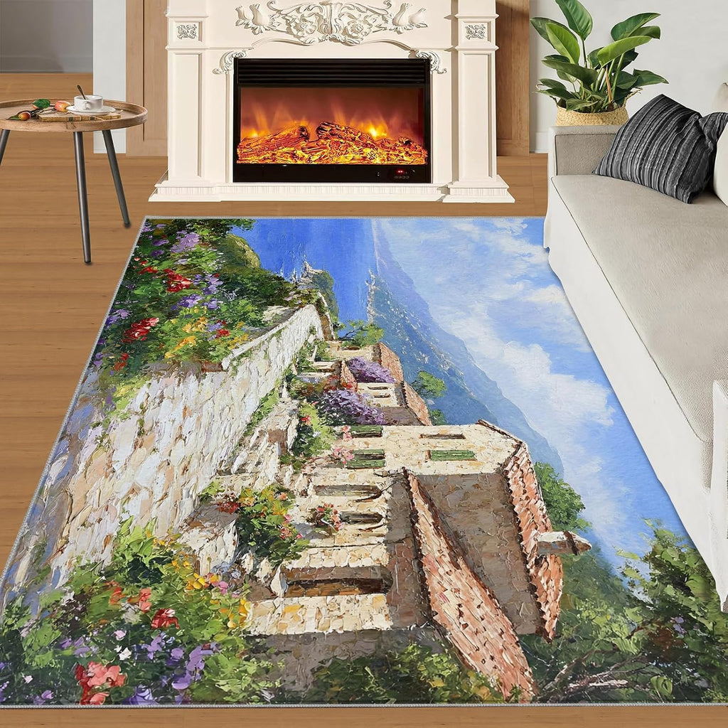 Tuscany Italy Rugs for Bedroom - 6x8 Rug, Italian Flowers Street Area Rugs for Living Room, Old Town Carpet, Seascape Washable Area Mat, Oil Painting Carpet, Italy Home Decor & Gifts