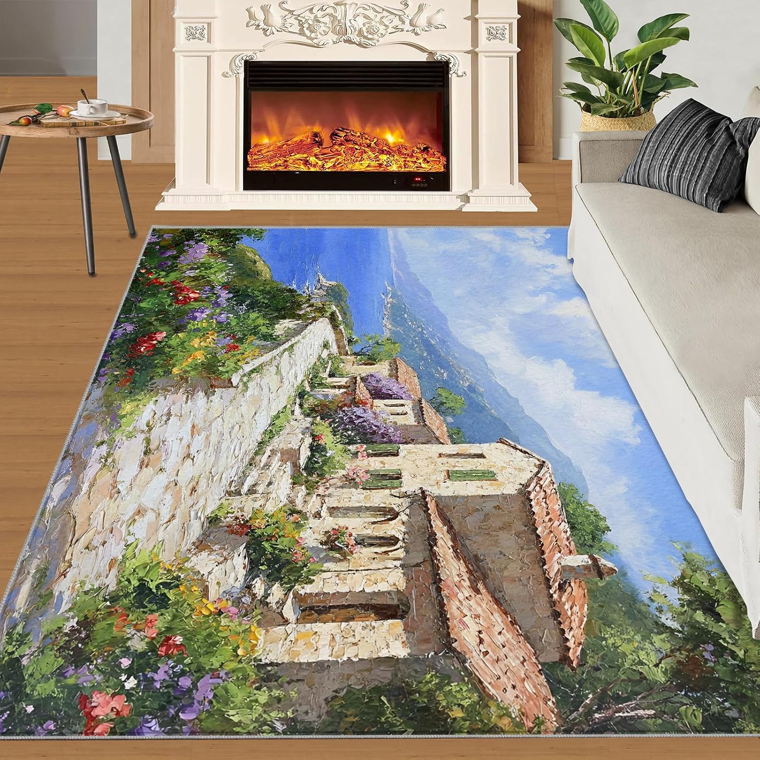 Tuscany Italy Rugs for Bedroom - 6x8 Rug, Italian Flowers Street Area Rugs for Living Room, Old Town Carpet, Seascape Washable Area Mat, Oil Painting Carpet, Italy Home Decor & Gifts