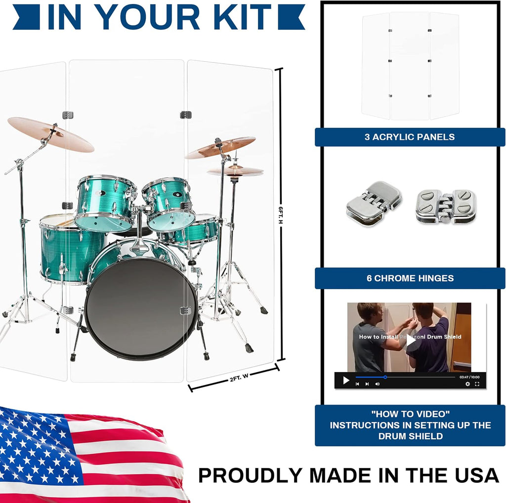 PENNZONI Drum Shield 6ft w/Chrome Hinges, Comes w/ 3 Drum Panels, & Chrome Hinges, Premium Clear Acrylic Panels, Drum Screen