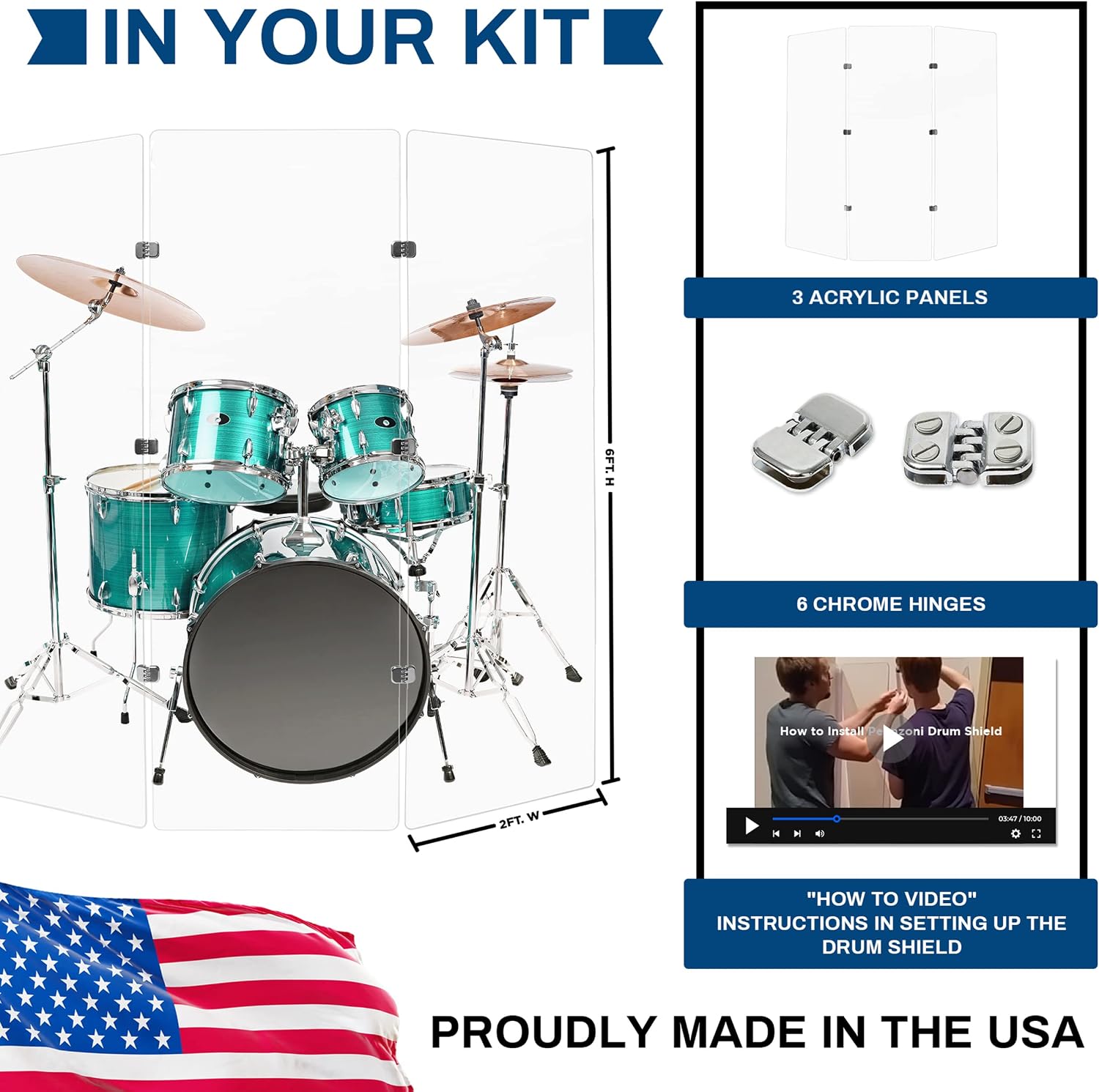 PENNZONI Drum Shield 6ft w/Chrome Hinges, Comes w/ 3 Drum Panels, & Chrome Hinges, Premium Clear Acrylic Panels, Drum Screen