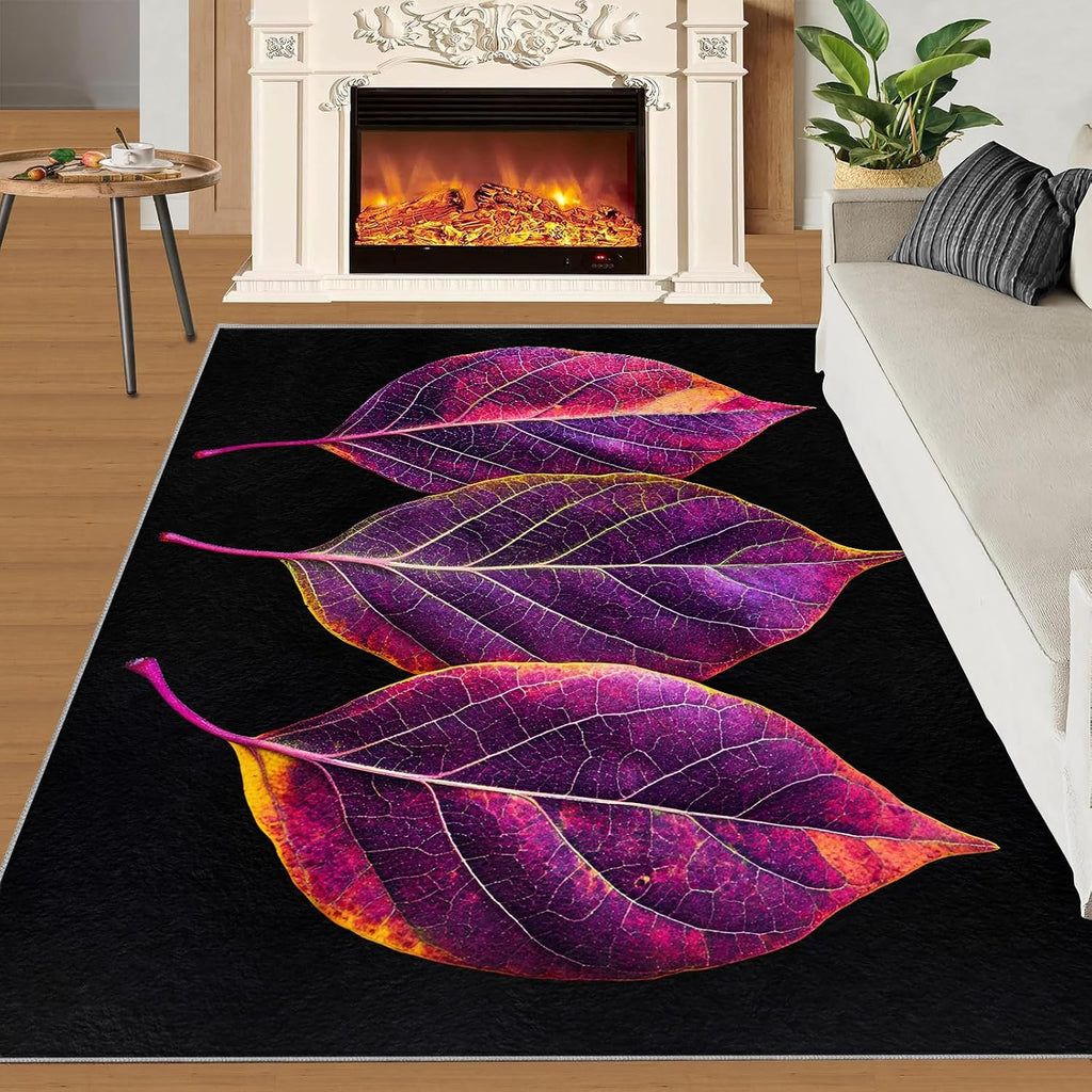 Purple Leaves Rugs for Bedroom - 6x8 Rug, Leaf Area Rugs for Living Room, Botanical Carpet, Plant Washable Mat, Leaf Home Decor & Gifts