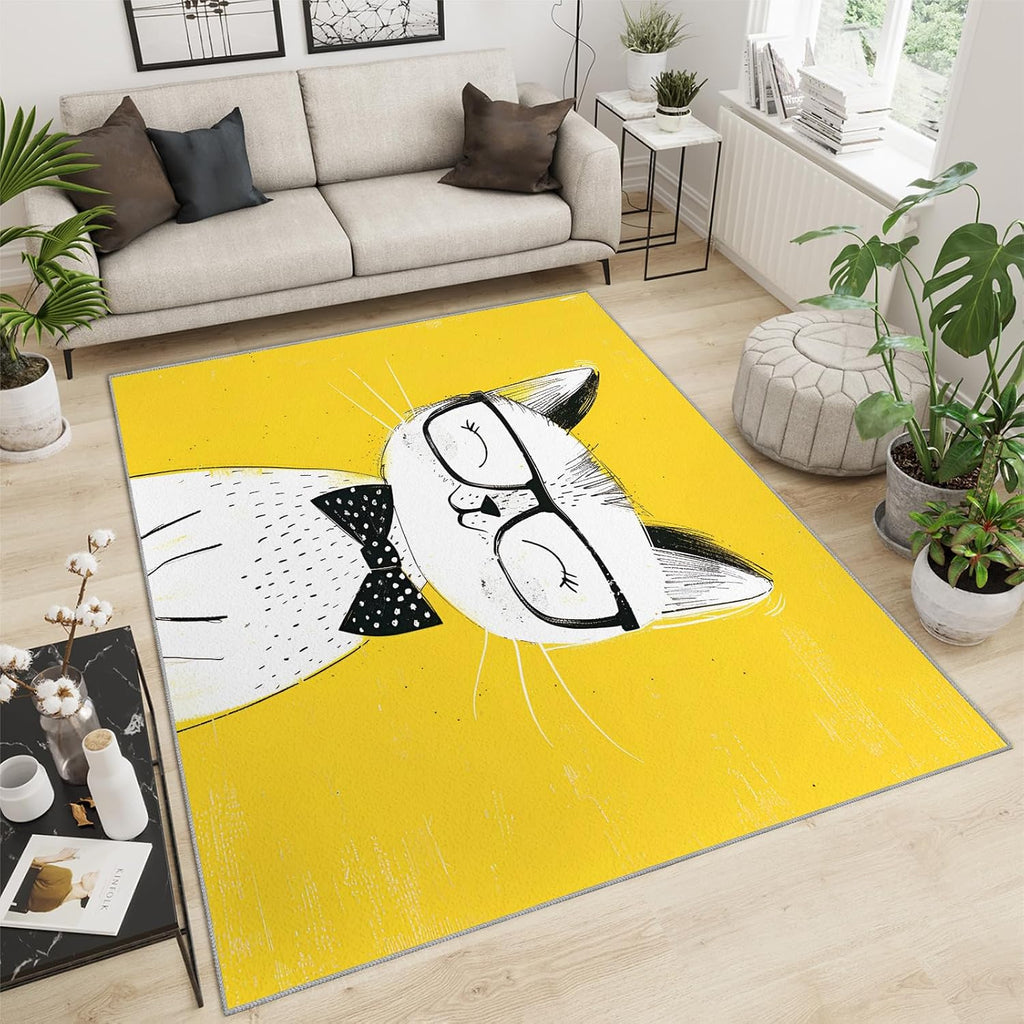 Area Rug 6x8ft, Cute White Cat Rug, Cartoon White Yellow Simple Living Room Rugs, Ultra Soft Non Slip Machine Washable Easy Care Carpet for Bedroom Study Office Apartment Room