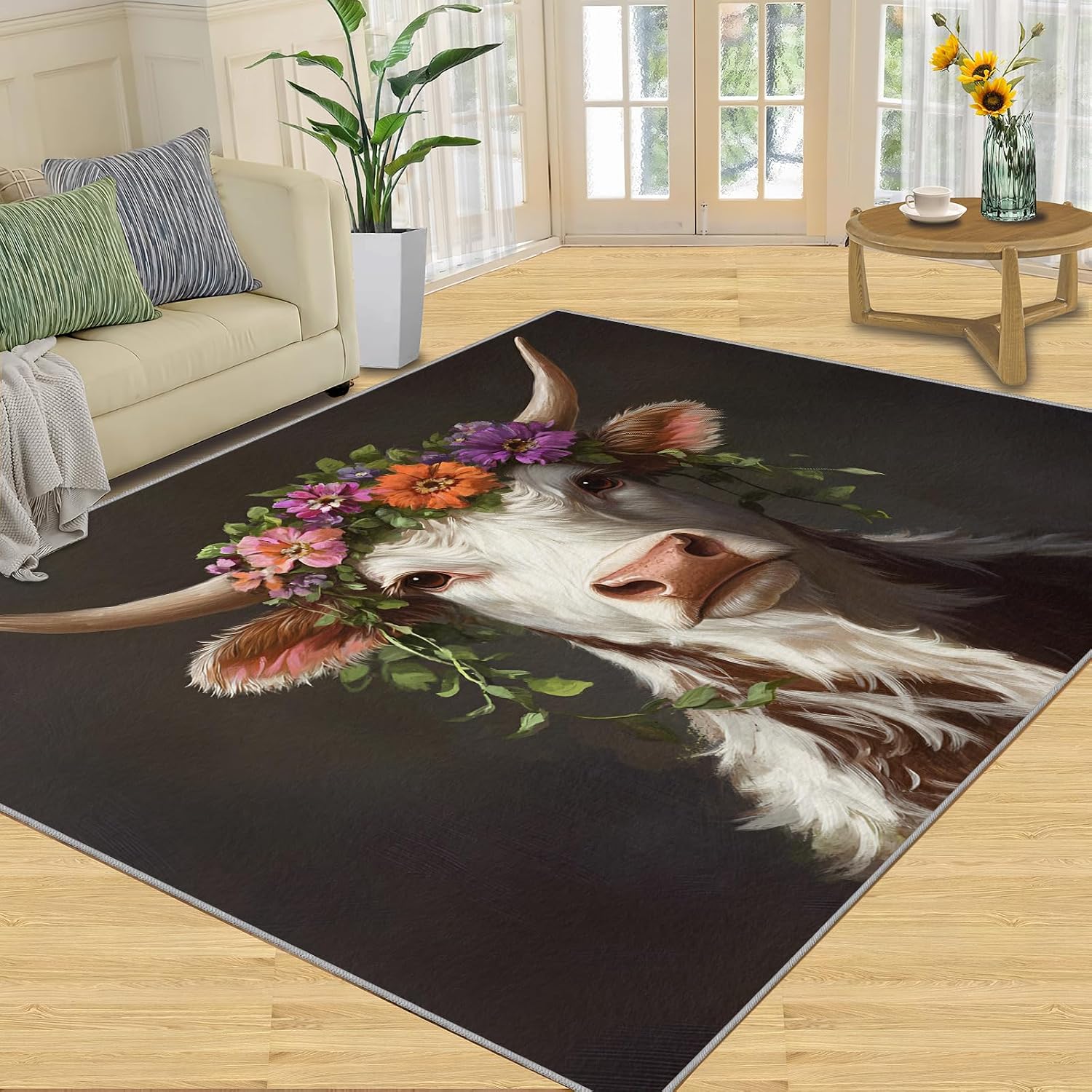 Cow Rug 6x8, Farm Cattle Rugs for Bedroom, Rural Animals Rugs for Living Room, Home Decor Area Rug, Non-Slip Machine Washable Carpet