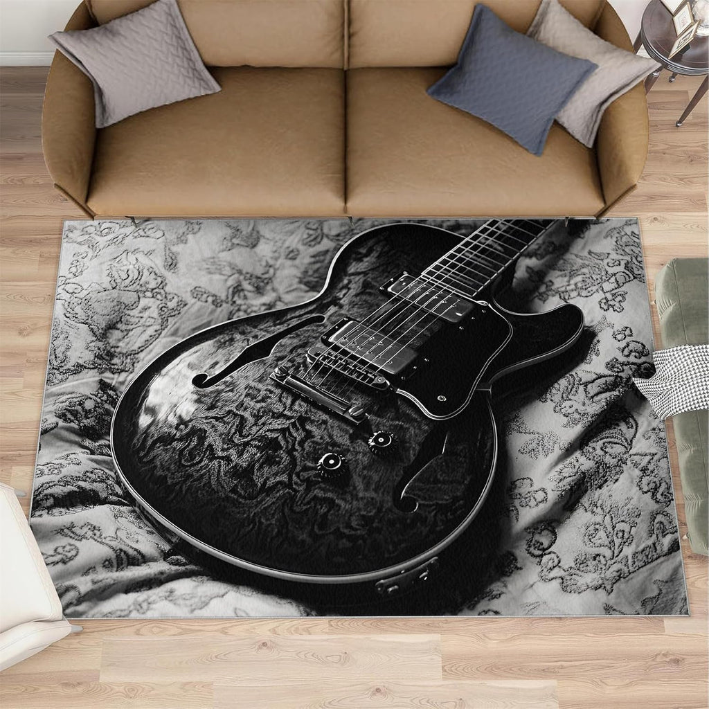 Black Guitar Rug for Bedroom 6x8 Rug Vintage Guitar Rugs, Music Instrument Home Decor, Non Slip Washable Large Rugs, Rock Music Carpet for Boys and Girls Teen Playroom