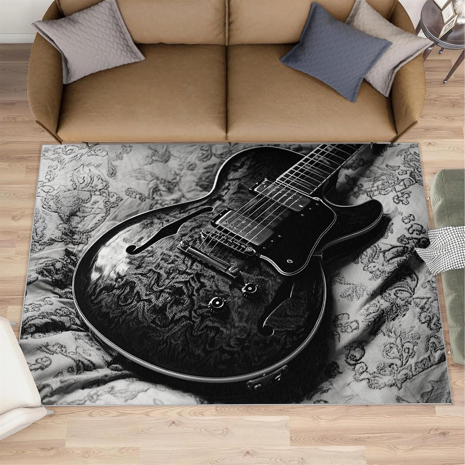Black Guitar Rug for Bedroom 6x8 Rug Vintage Guitar Rugs, Music Instrument Home Decor, Non Slip Washable Large Rugs, Rock Music Carpet for Boys and Girls Teen Playroom
