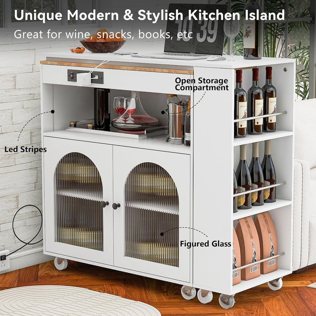 Merax Kitchen Island with Extended Table, Rolling Kitchen Islands Cart with LED Lights, Power Outlets, 2 Fluted Glass Doors, Storage Compartment, and Side 3 Open Shelves (White)