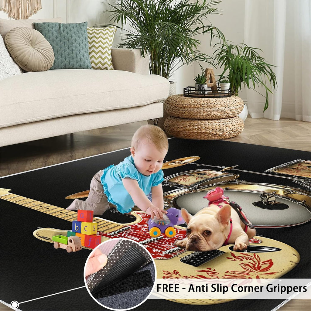 Music Area Rug Large - 6x8 Rug, Guitar Rugs for Living Room, Drum Set Carpet, Acoustic Guitar Washable Area Rugs for Bedroom, Boys Room Carpet, Music Home Decor & Gifts