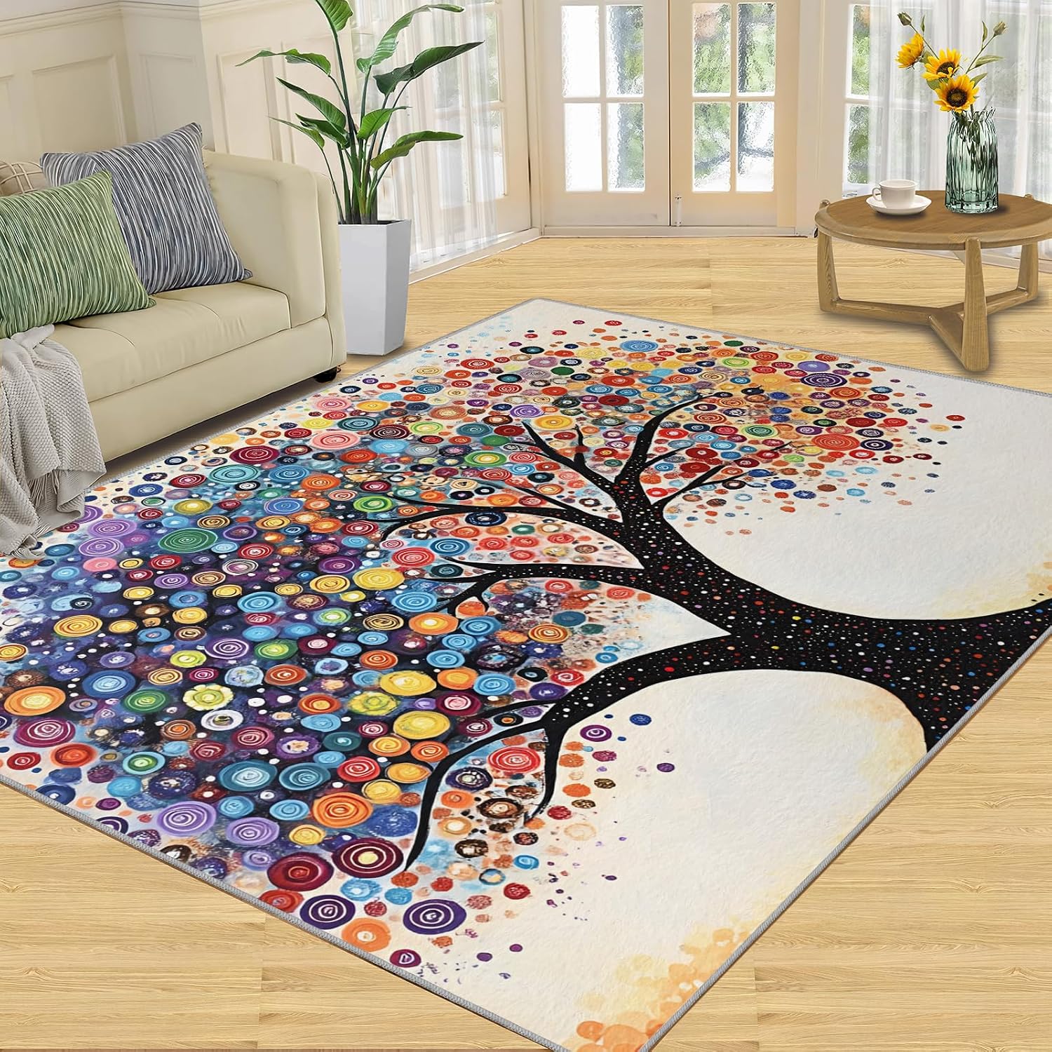 Colorful Dots Area Rug - Large Rug 6x8 - Tree of Life Rugs for Living Room - Soft & Non Slip & Washable Rugs for Bedroom, Art Abstract Carpets for Dining Room Lounge Girls Room