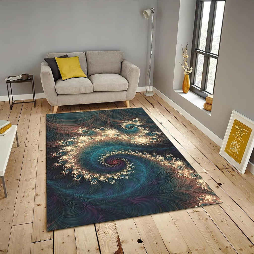 Abstract Blue Feather Area Rug, Modern Peacock Feather Swirl Indoor Non Slip Large Area Rugs, Machine Washable Breathable Durable Carpet for Room Sofa Living Room Home Decor - 5 ft x 7 ft