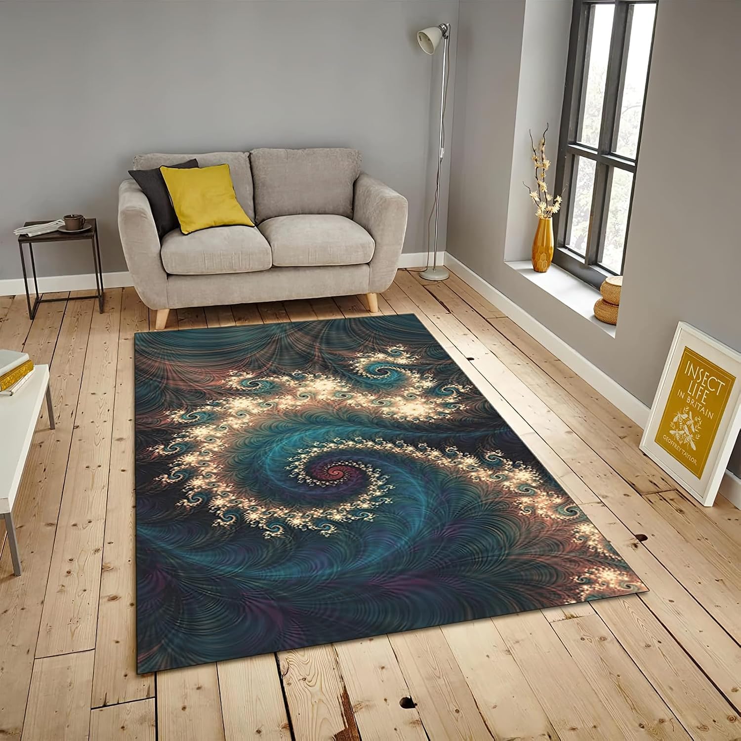 Abstract Blue Feather Area Rug, Modern Peacock Feather Swirl Indoor Non Slip Large Area Rugs, Machine Washable Breathable Durable Carpet for Room Sofa Living Room Home Decor - 5 ft x 7 ft