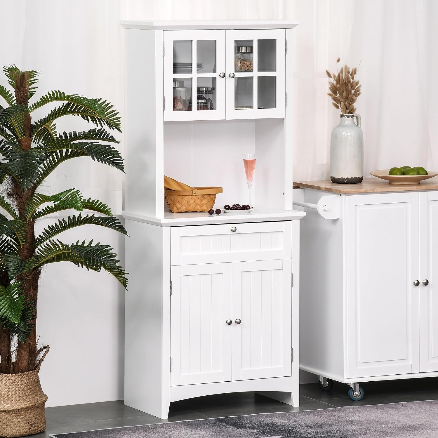 64' Anti-tip Freestanding Storage Cabinet, Kitchen Storage Bakers Rack with Adjustable Shelves, Utility Food Cupboard with Glass Door for Kitchen Dining Living Rooms, White