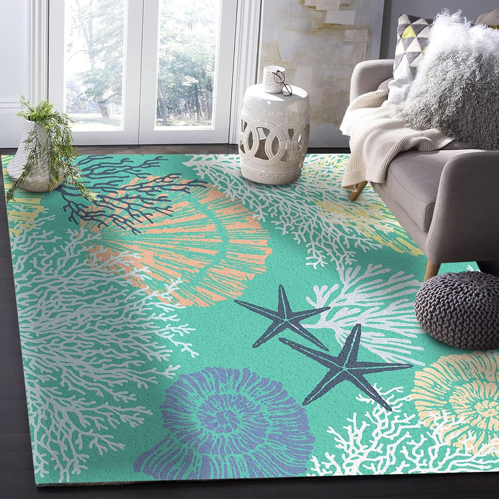 Green Starfish Shell Coral Ocean Area Rug, Coastal Theme Indoor Non Slip Bedroom Rug, Machine Washable Breathable Durable Carpet for Living Room Study Dining Room Dormitory - 5 ft x 7 ft