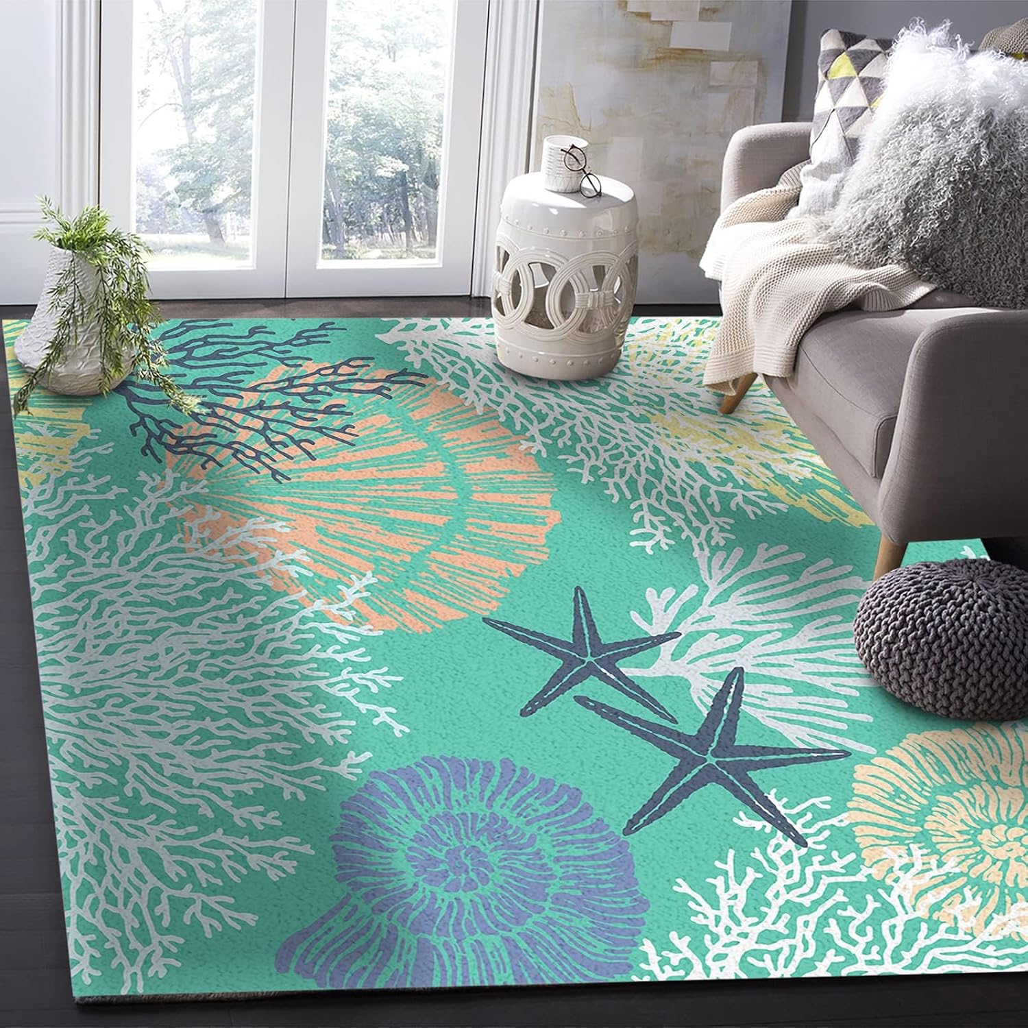 Green Starfish Shell Coral Ocean Area Rug, Coastal Theme Indoor Non Slip Bedroom Rug, Machine Washable Breathable Durable Carpet for Living Room Study Dining Room Dormitory - 5 ft x 7 ft