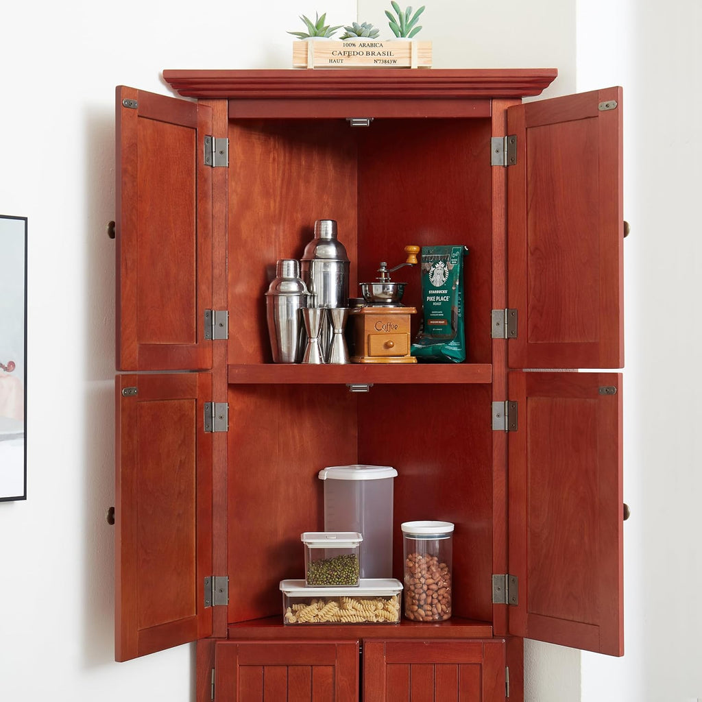 72' Sturdy Freestanding Storage Cabinet, Kitchen Storage Bakers Rack with Tiered Shelves, Utility Food Cupboard with Spacious Doors for Kitchen, Bathroom, Living Room, Cherry