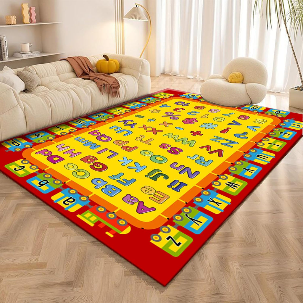 Children's Educational Playing Mat, 6x8ft, Cartoon Train Alphabet Numbers Area Rug for Bedroom, Bright Colors Anti-Skid Kids Rugs, Soft Washable Easy Clean Rugs for Girls Boys Indoor