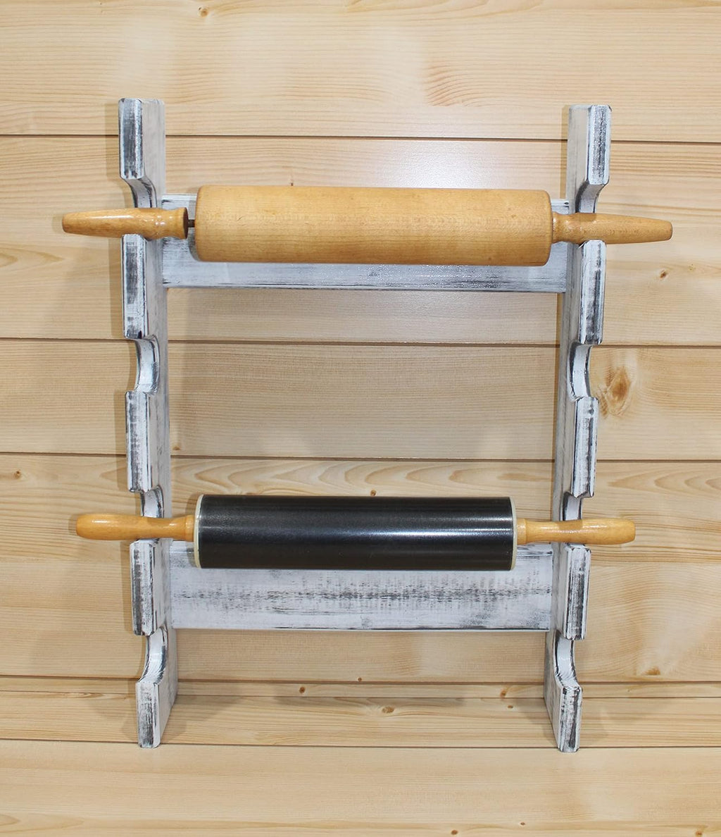 Wooden Rolling Pin Display Rack – Holds 4 Rolling Pins – Wall Mounted Storage for Bakers & Collectors – Antique White Color – Shabby Chic White & Black
