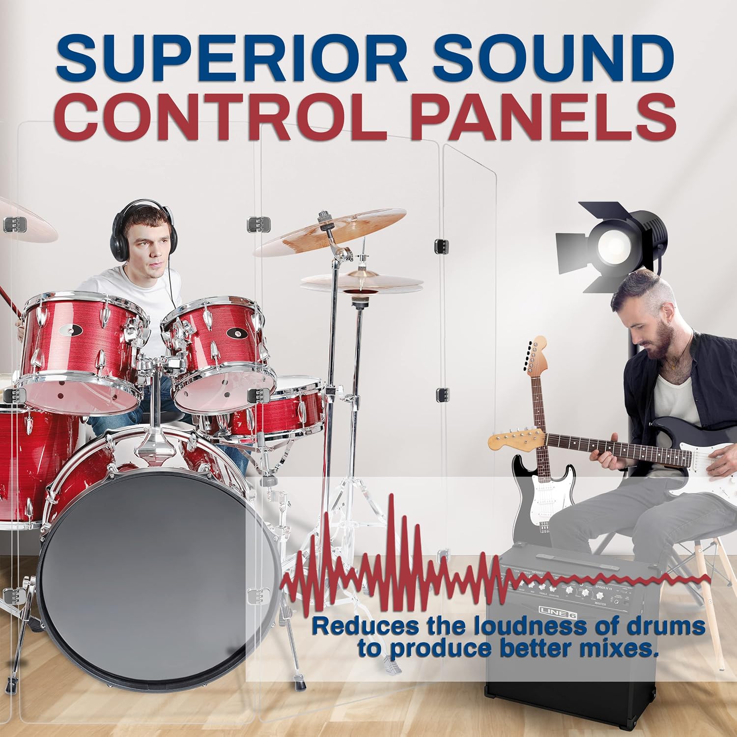 PENNZONI Drum Shield 6ft w/Chrome Hinges, Comes w/ 7 Drum Panels, & Chrome Hinges, Premium Clear Acrylic Panels, Drum Screen