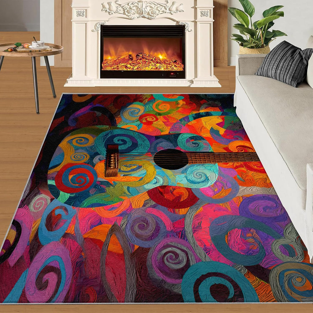 Guitar Rugs for Music Room - Boys Musical Rug, 6x8 Rug, Music Washable Rugs for Living Room Bedroom, Colored Swirl Area Rug, Rock and Roll Carpet - Home Decor, Electric Guitars Gifts for Men