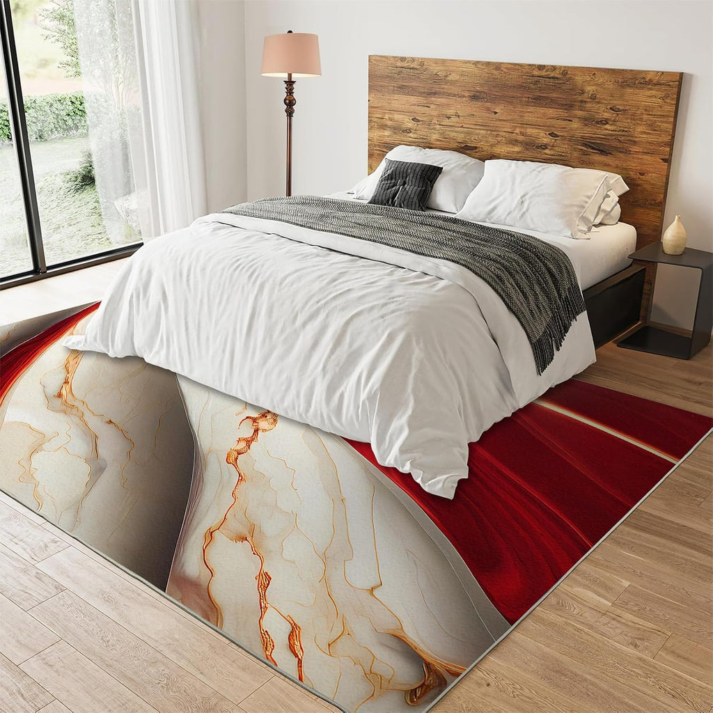 Marble Red White Gold Abstract Area Rug, Gradual Gold Modern Abstract Art Indoor Non-Slip Kids Rugs, Machine Washable Breathable Durable Carpet for Front Entrance Floor Decor,6 x 8ft