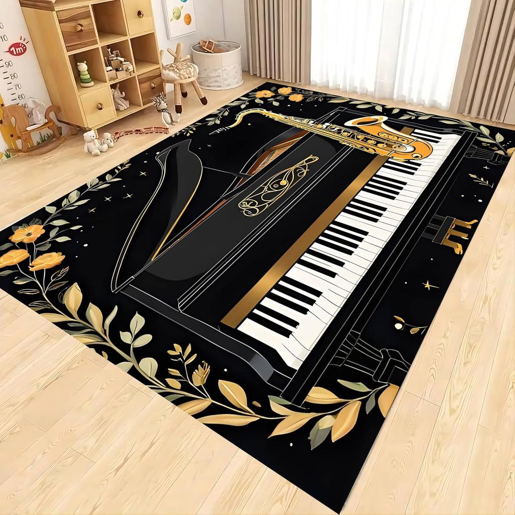 Gold Area Rug，6x8ft Simple Black and White Piano Floral Border Design, Stylish Modern Saxophone Instrument Print Pattern Carpet,Music Theme Extra Soft Rugs for Living Room Washable Area Rug