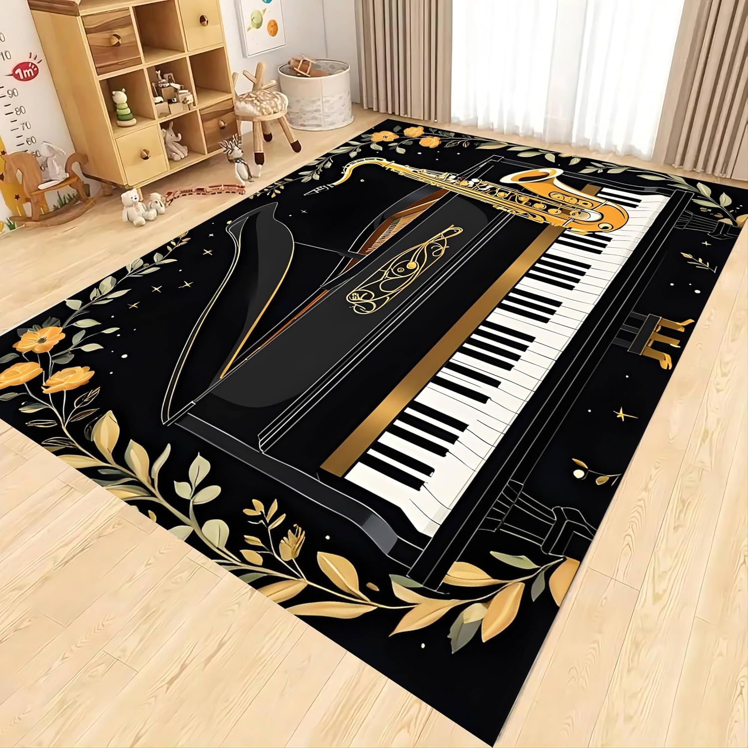 Gold Area Rug，6x8ft Simple Black and White Piano Floral Border Design, Stylish Modern Saxophone Instrument Print Pattern Carpet,Music Theme Extra Soft Rugs for Living Room Washable Area Rug