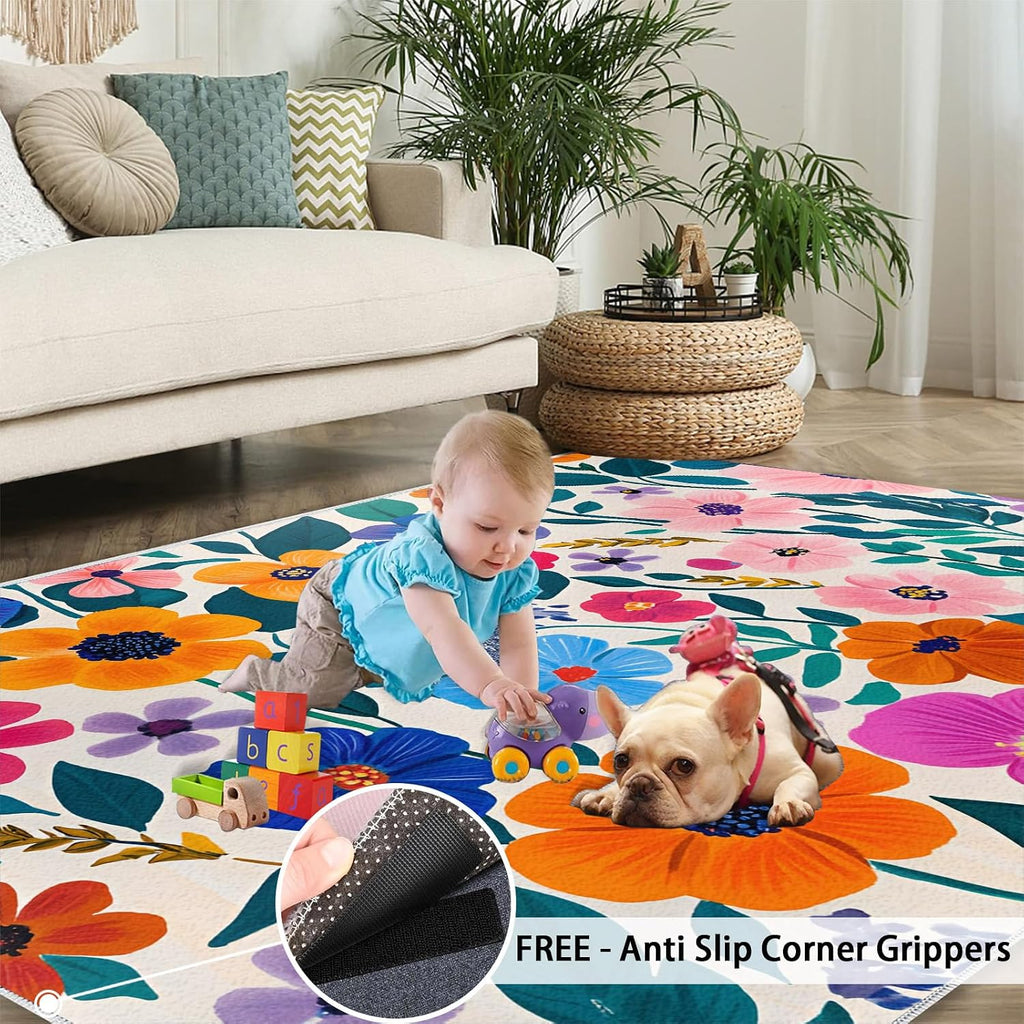 Colorful Florals Rug 6x8 - Simple Florals Large Rugs for Living Room, 1970s Flowers Carpet Area Rug for Girls Bedroom Kids Room Basement Office Classroom