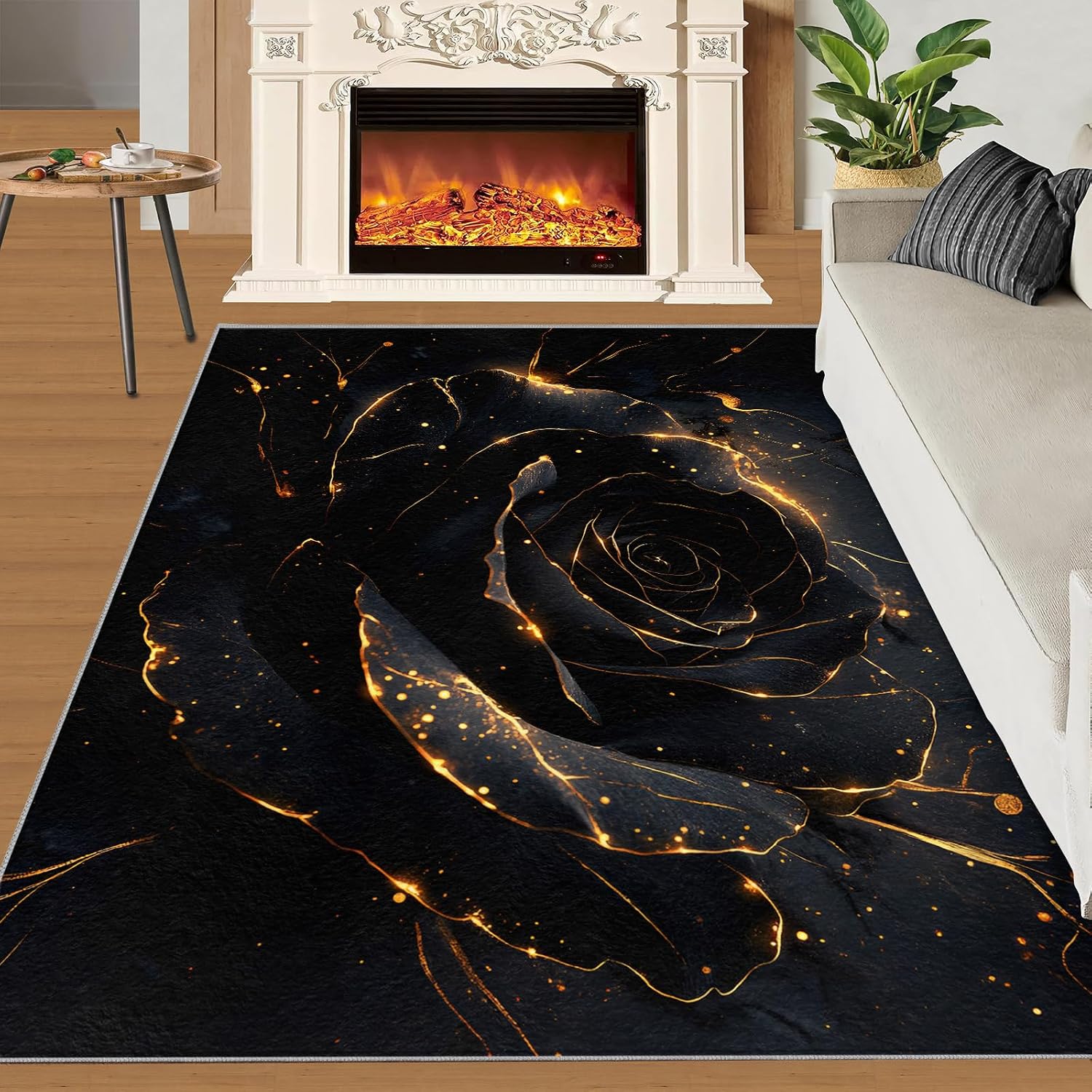 Black Rose Bedroom Rug, Abstract Rose Rugs for Living Room, Washable Area Rug for Dining Room Farmhouse Decor Floor Mat 6x8