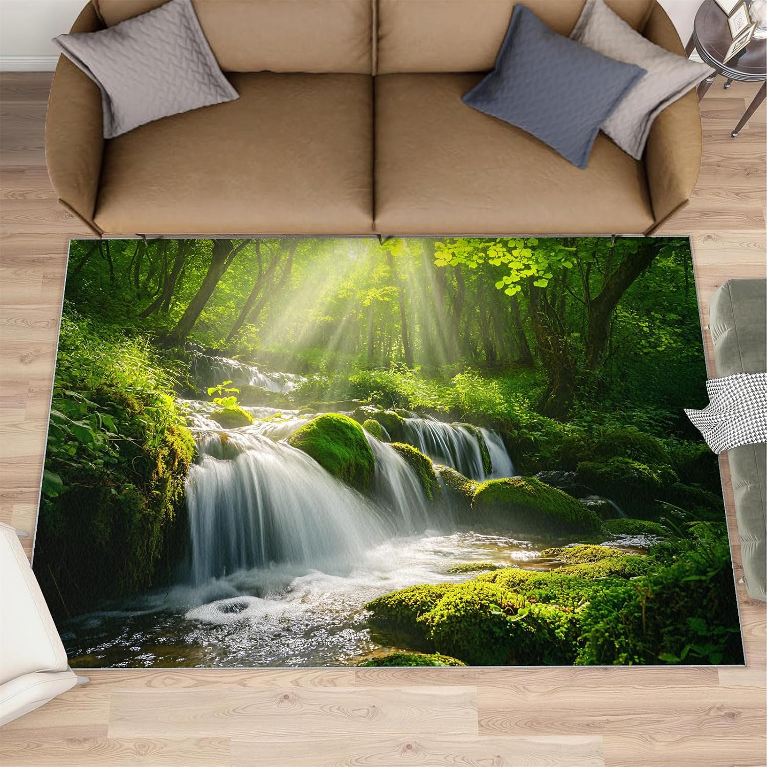Forest Rug 6x8-6x8 Rug, Waterfall Area Rugs for Bedroom, Green Jungle Rugs for Living Room, Natural Scenery Washable Carpet, Forest Home Decor & Gifts