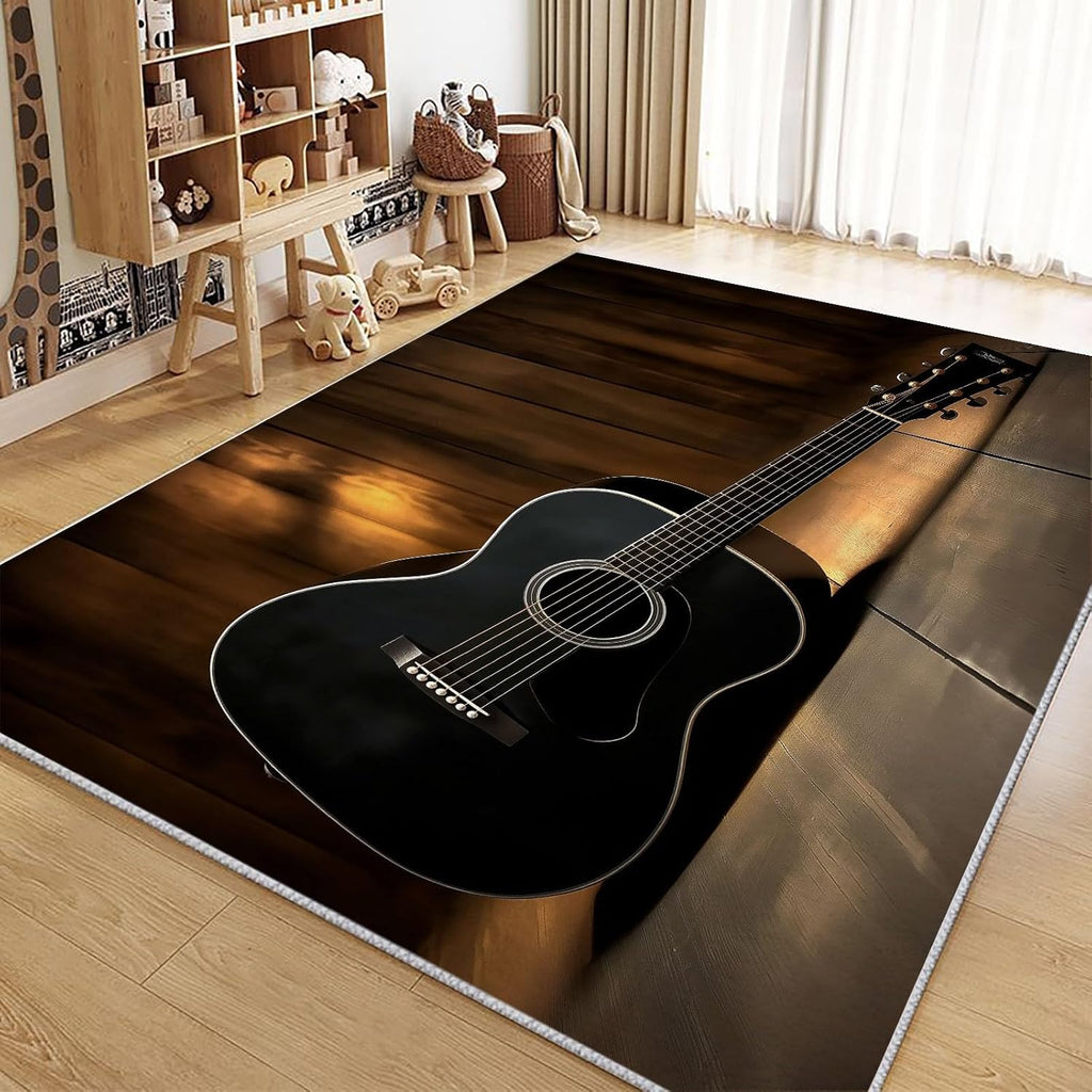 6x9 ft Area Rugs for Living Room, Musical Elements Guitar Kid & Pet Friendly Non Shedding Living Room Area Rugs, Musical Elements Washable Non Slip Soft Low Pile Print Carpet