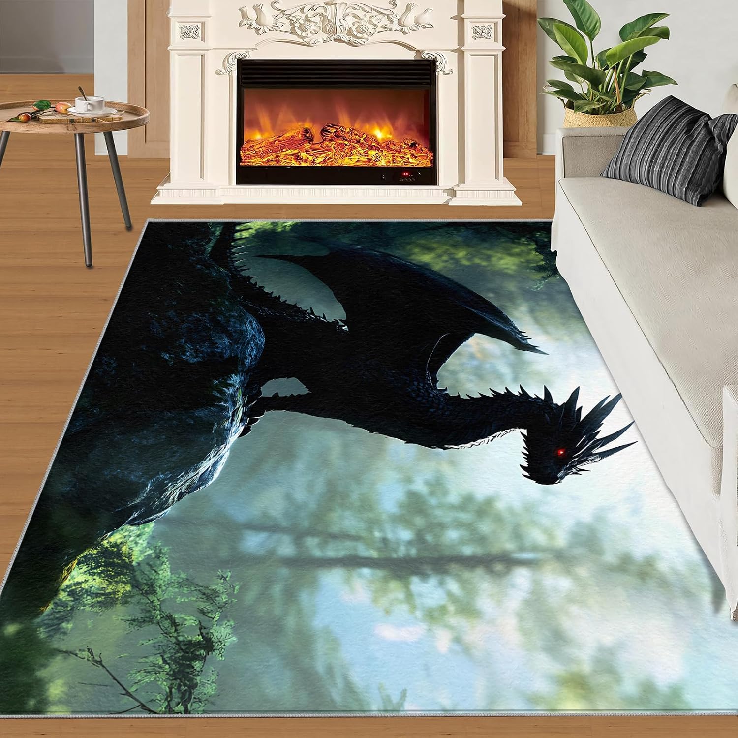 Dragon Rug 6x8-6x8 Rug, Western Area Rugs for Bedroom, Green Forest Rugs for Living Room, Magical Animal Washable Mat, Flying Wildlife Carpet, Dragon Home Decor & Gifts