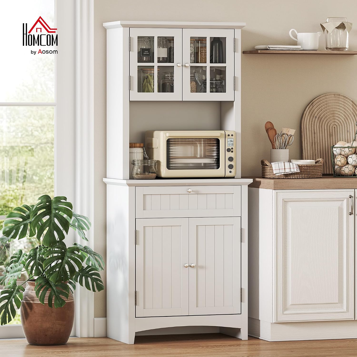 HOMCOM Elegant Buffet with Hutch, Kitchen Pantry Storage Cabinet with Framed Glass Door Drawer and Microwave Space for Dining Room, Living Room, White