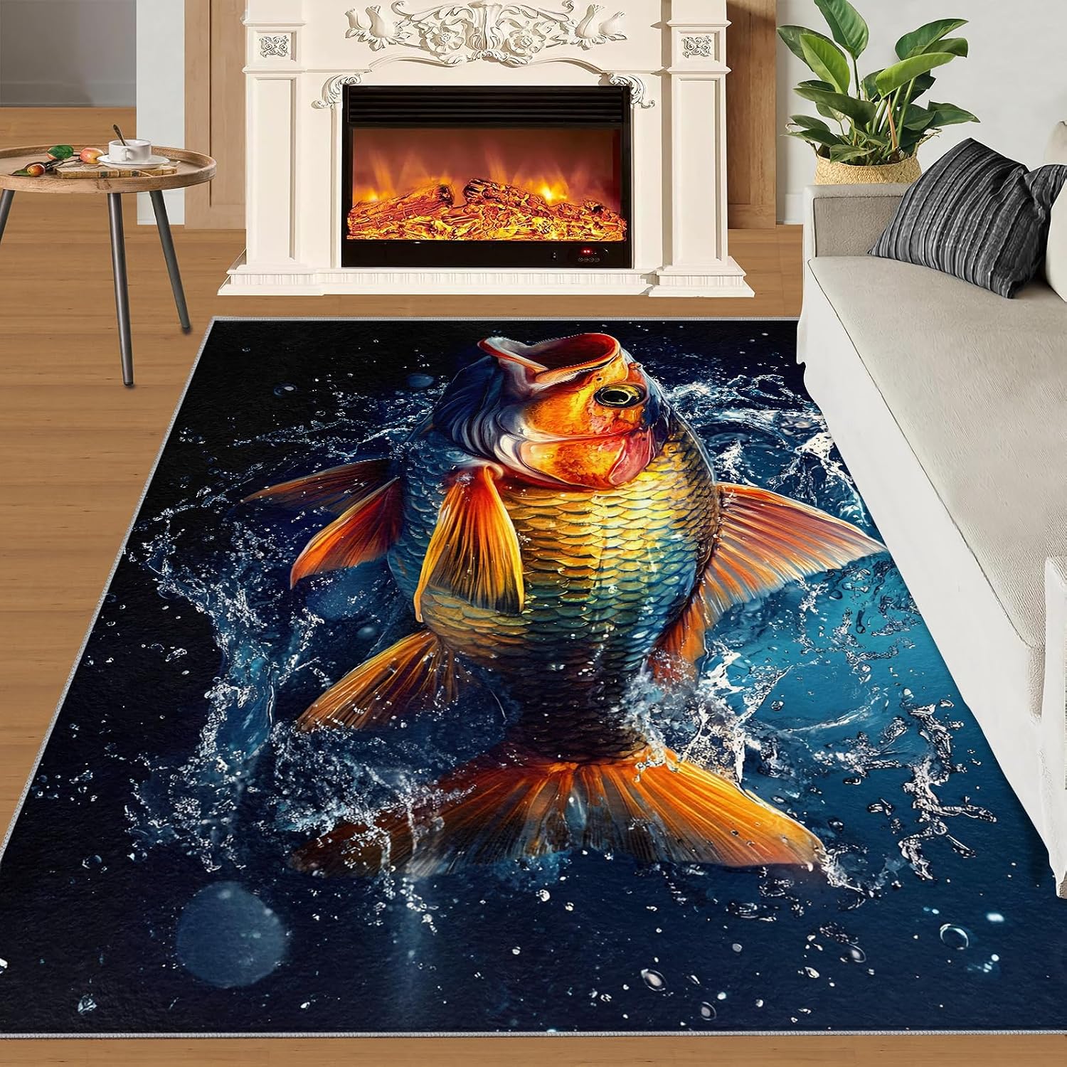Fish Rugs for Bedroom, Carp Rug 6x8, Animals Dining Room Rugs Washable & Non Slip Large Carpet for Home Decor