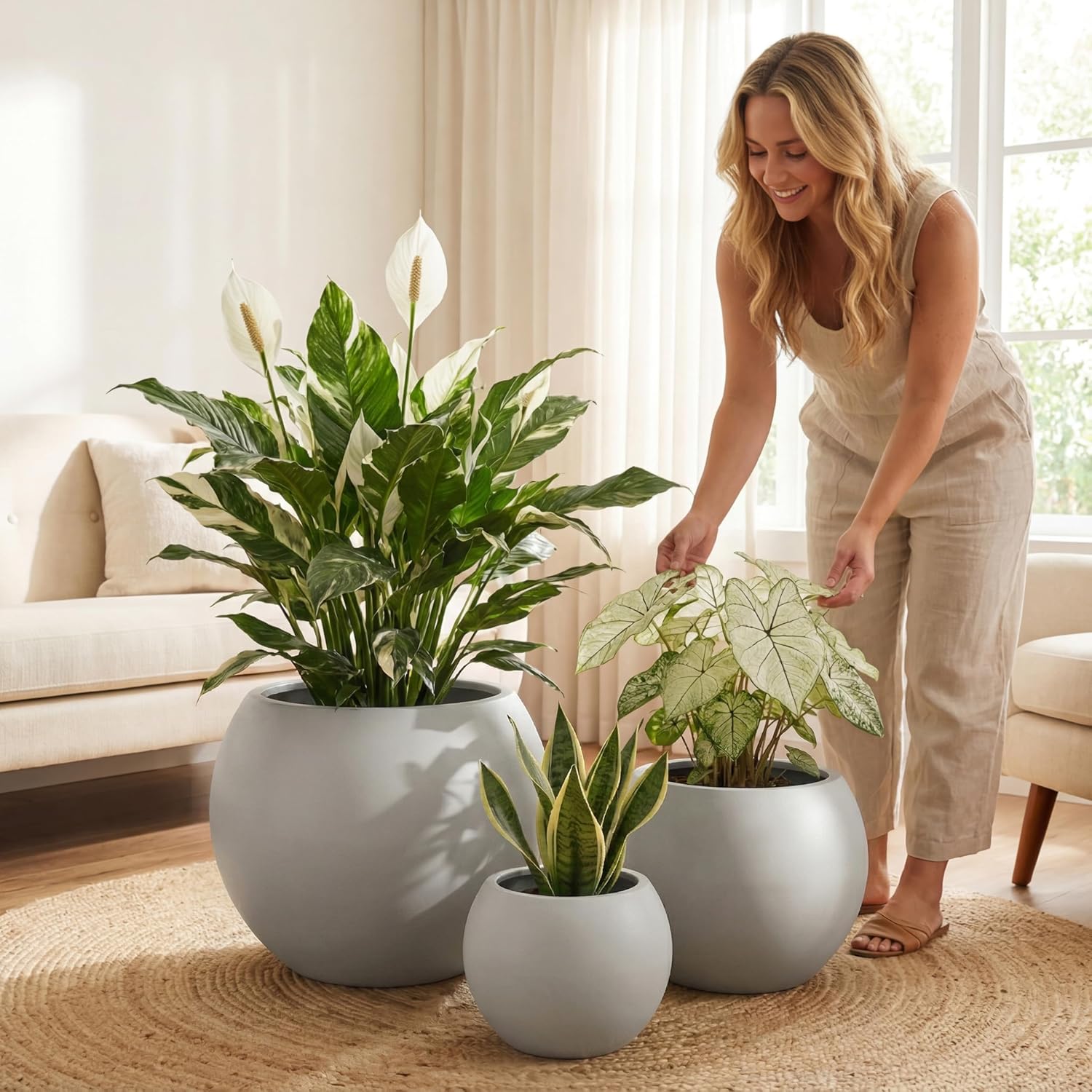 DTY Mount Sherman 21.1'' D x 16.7'' H (Pot Opening 14.6') Fiberstone Round Planter with Drainage Hole, Smooth Finishes, Weather Resistant for Indoor and Outdoor, 2 Extra Coco Mats - Light Gray, Large