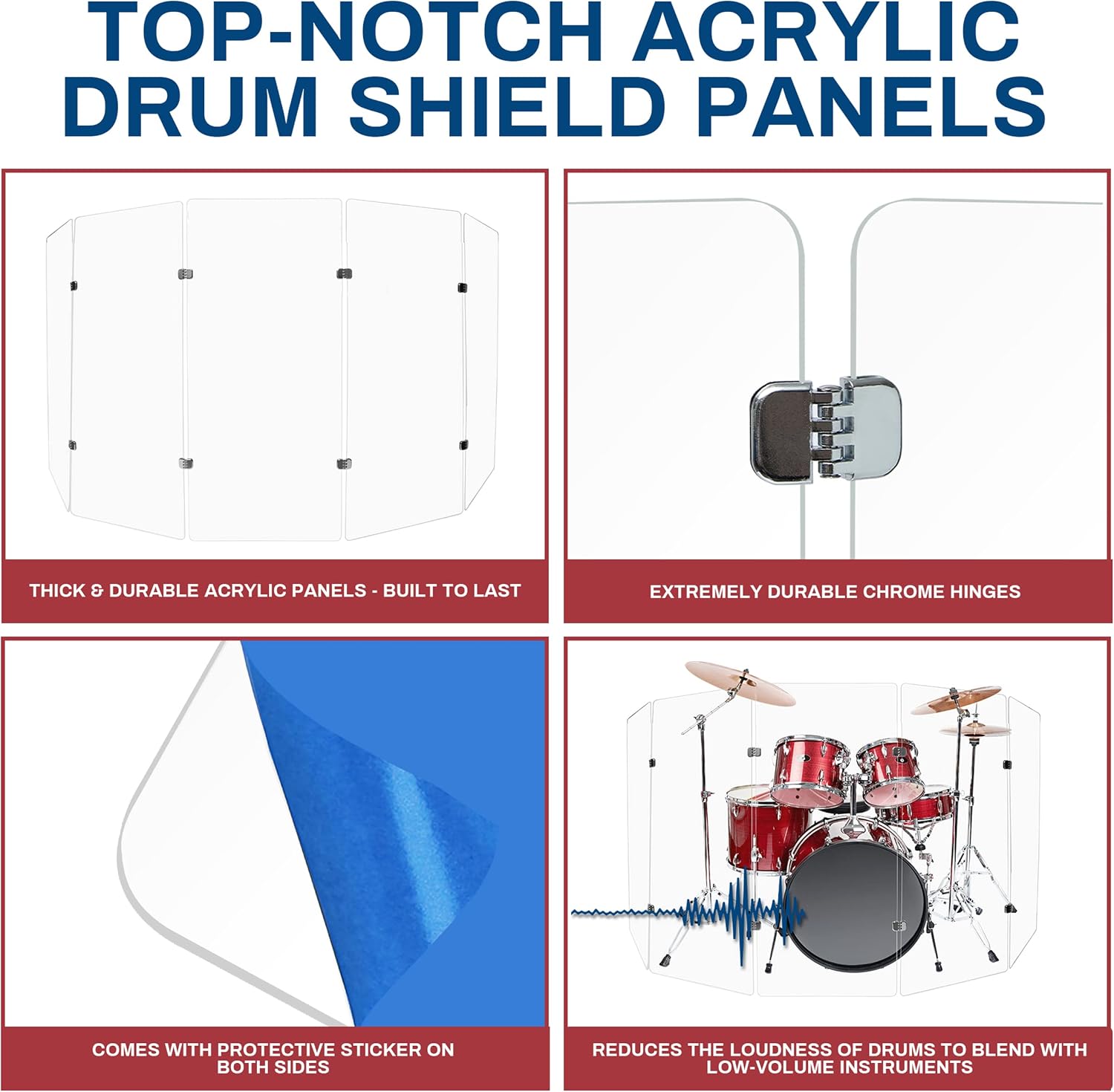 PENNZONI Drum Shield 4ft w/Chrome Hinges, Comes w/ 5 Drum Panels, & 8 Chrome Hinges, Premium Clear Acrylic Panels, Drum Screen