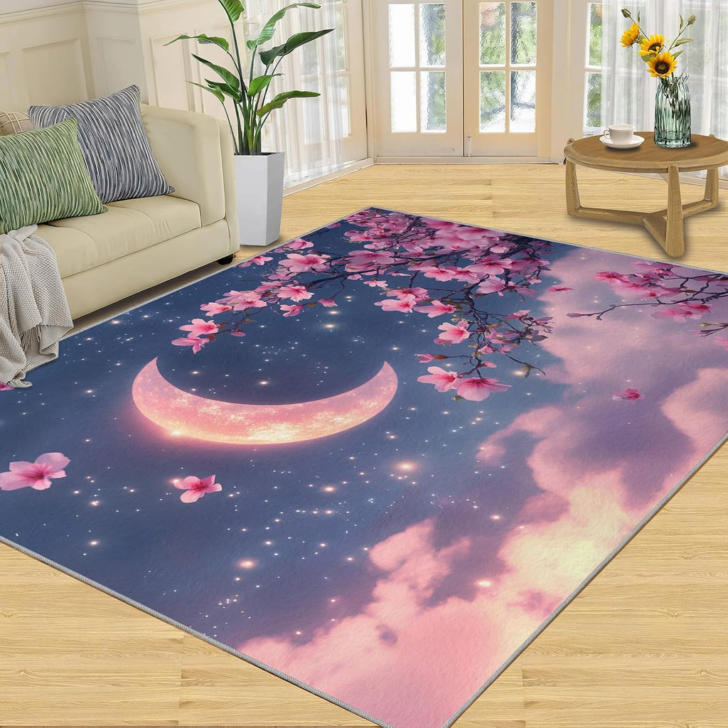 Cherry Blossoms Rug 6x8, Pink Flowers Rugs for Living Room, Japanese Style Rugs for Bedroom, Washable Area Rug, Non Slip Carpet for Hardwood Floors