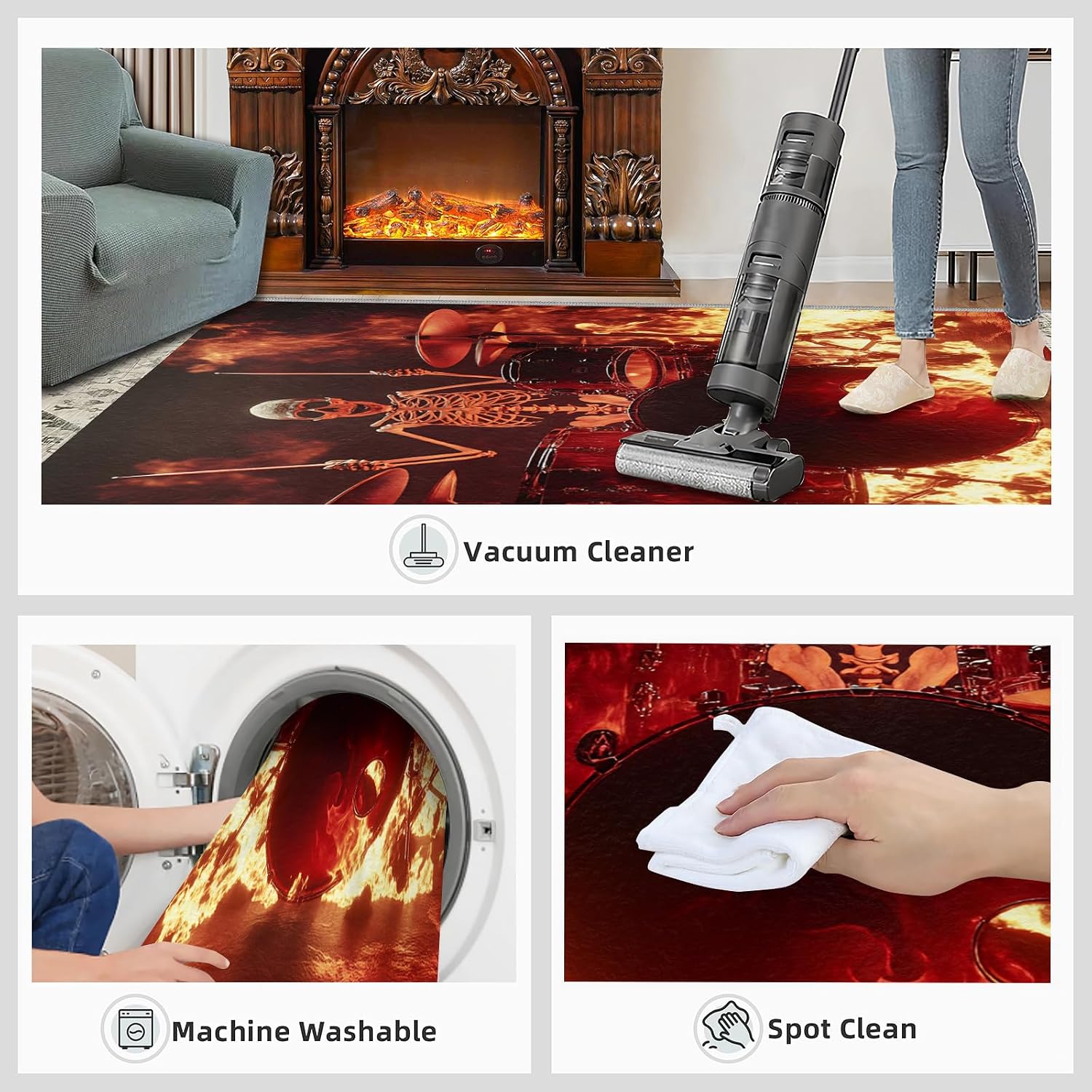 Guitar Rug & Home Decor - 5x7 Rug, Flame Rugs for Bedroom, Boys Cool Washable Rugs for Living Room, Rock and Roll Carpet, Non Slip Indoor Guitar Floor Mats & Music Room Decor