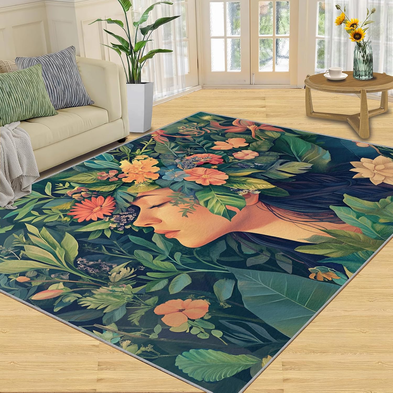 6x8 Florals Garland Woman Area Rug - Flowers Large Rugs for Living Room, Natural Plants Carpet Area Rug for Girls Bedroom Kids Room Basement Office Classroom