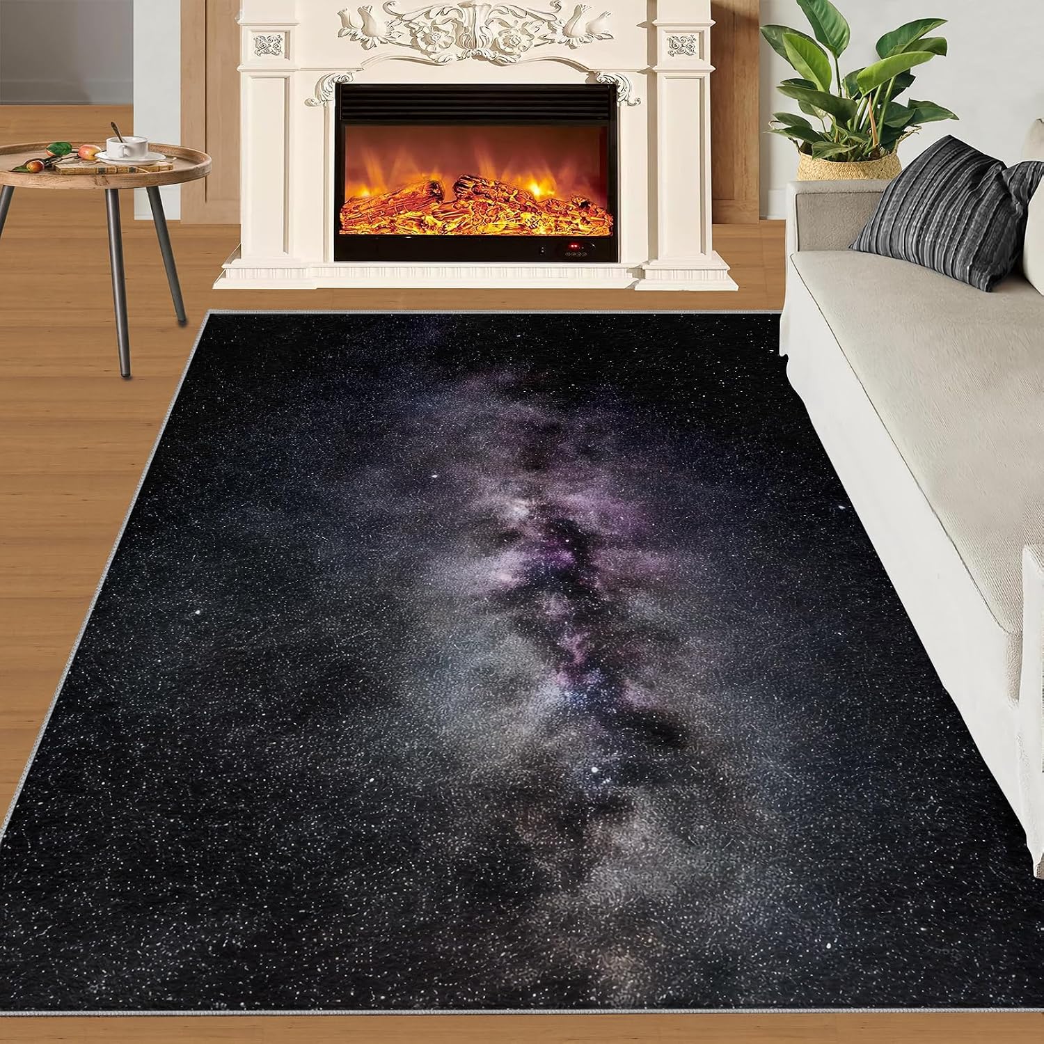 Mysterious Nebula Area Rug, Black Purple Starry Sky Rugs for Living Room, Indoor Non-Slip Kids Rugs, Machine Washable Breathable Durable Carpet for Front Entrance Floor Decor,6 x 8ft