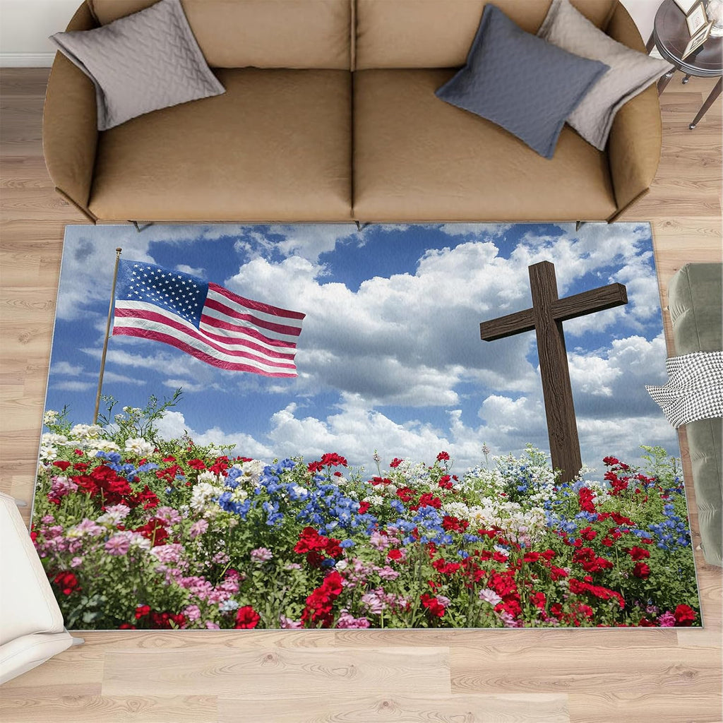 Independence Day Rugs for Bedroom, Memorial Day Rug 6x8, Patriotism Dining Room Rugs Washable & Non Slip Large Carpet for Home Decor