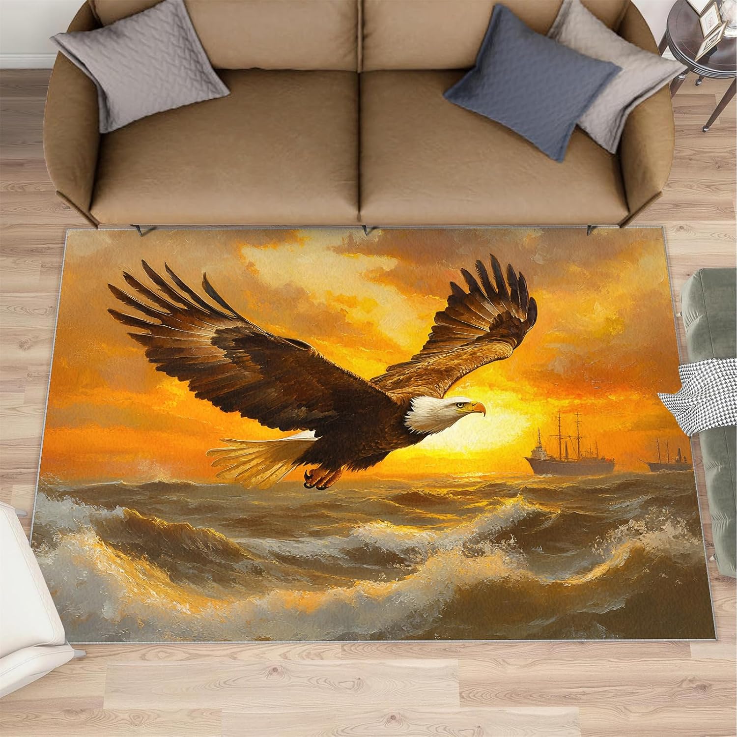 Animal Print Rugs for Bedroom, Bald Eagle Area Rug, Nautical Rugs for Living Room, 6x8 Washable Rug Non Slip & Low Pile, Indoor Carpet & Home Decor